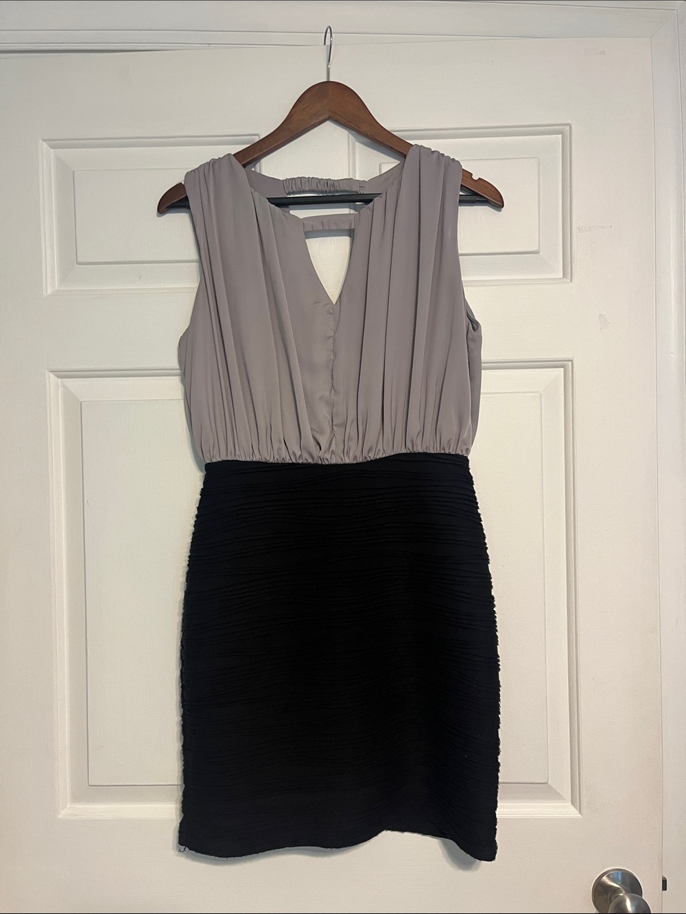 Esley Two-Tone V-Neck Mini Dress in Taupe and Black